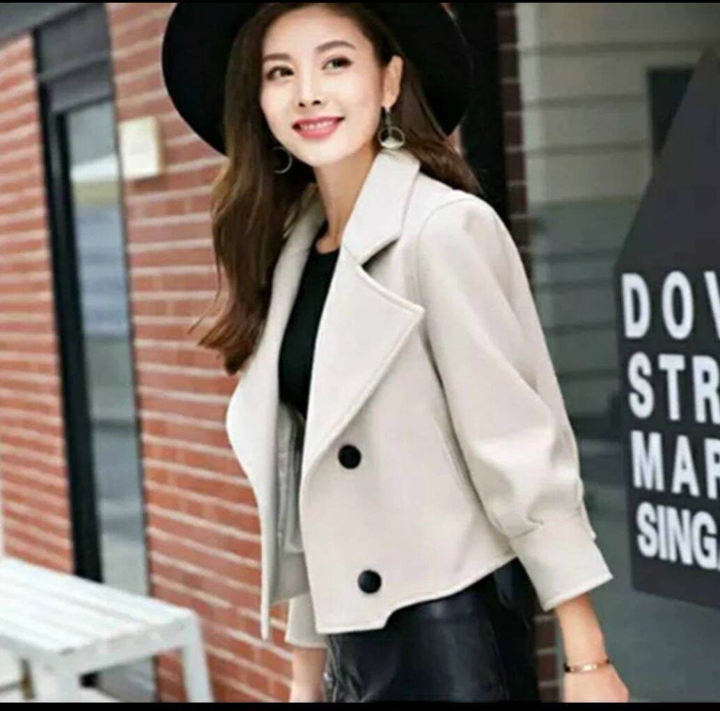 Áo khoác dạ lửng croptop 2 hàng cúc