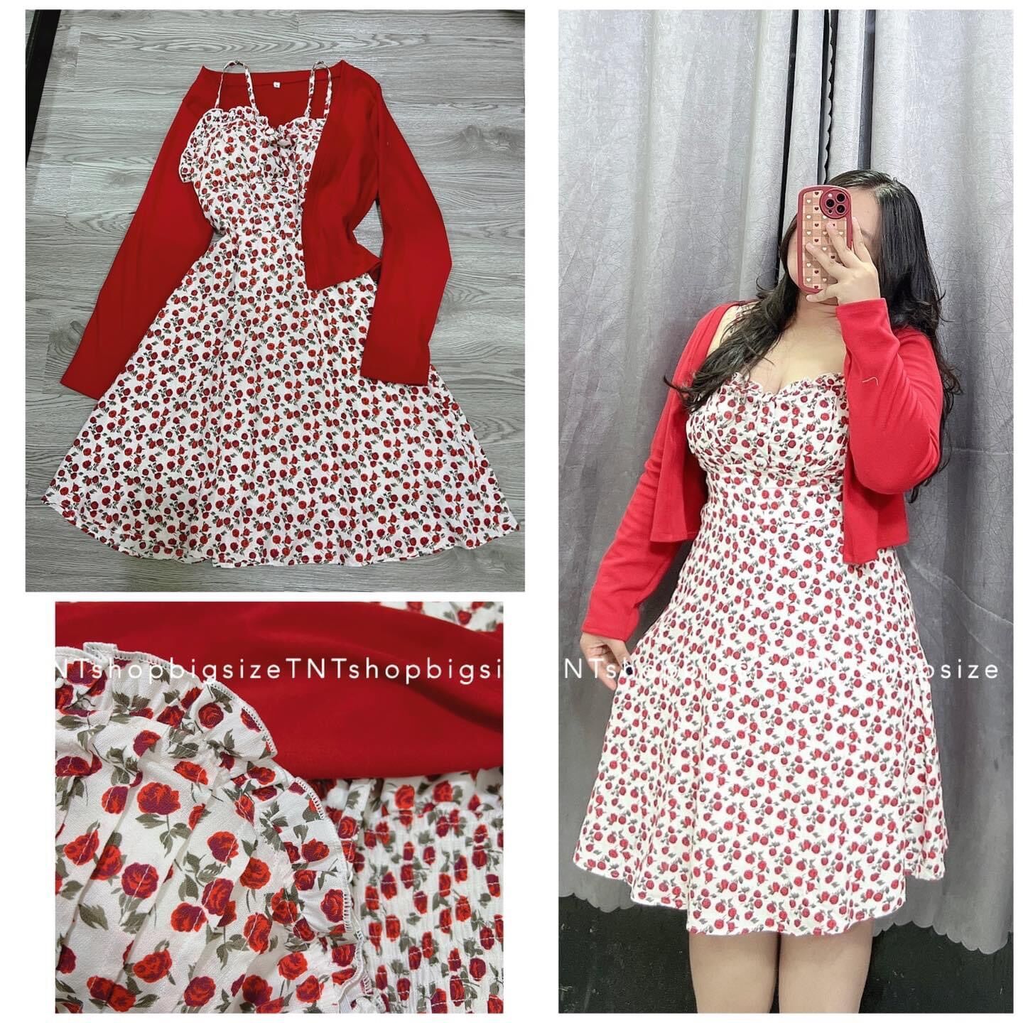 [SHOP TÁO ĐỎ BIGSIZE 50kg đến 90kg] Đầm hoa hai dây kèm áo khoác đỏ