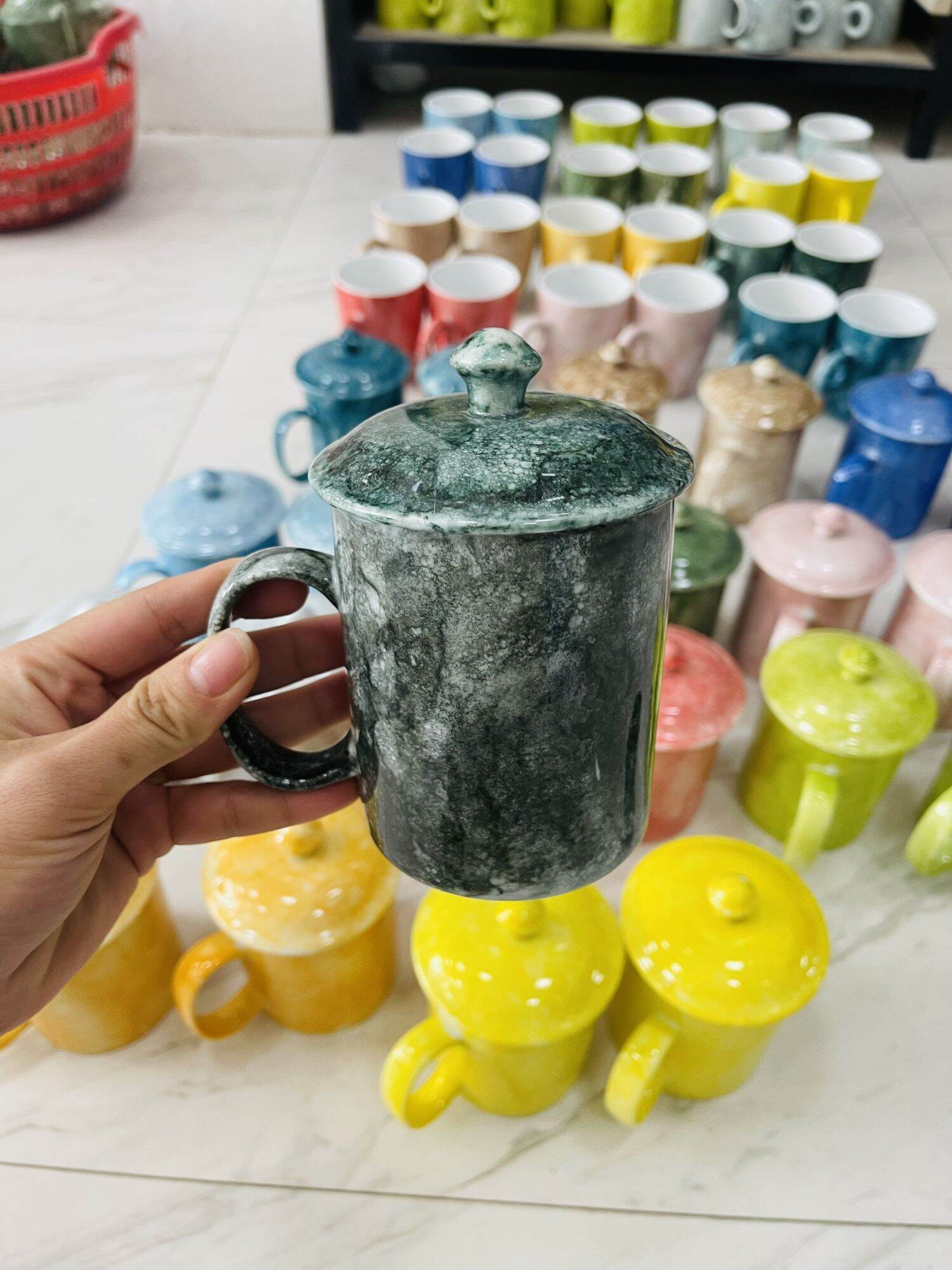 Cốc uống nước,Ly uống trà Vân Đá có nắp Gốm sứ Bát Tràng 350ml