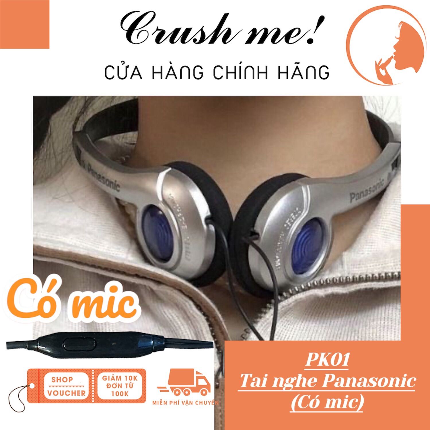 Crush me! PK01 Tai Nghe Panasonic có mic retro âm thanh Hifi - cân bằng 3 dải âm, phong cách y2k cổ điển headphones hiphop