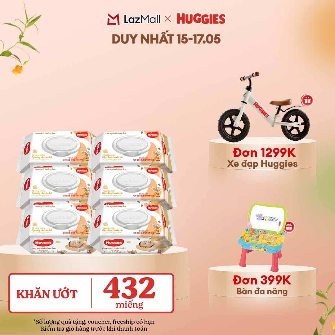 [CHỈ 15-17.05 GIẢM THÊM 90K] Combo 6 gói Khăn giấy ướt cho trẻ sơ sinh HUGGIES (Gói 72 tờ)-Chiết xuất Cao cao  Bơ hạt mỡ