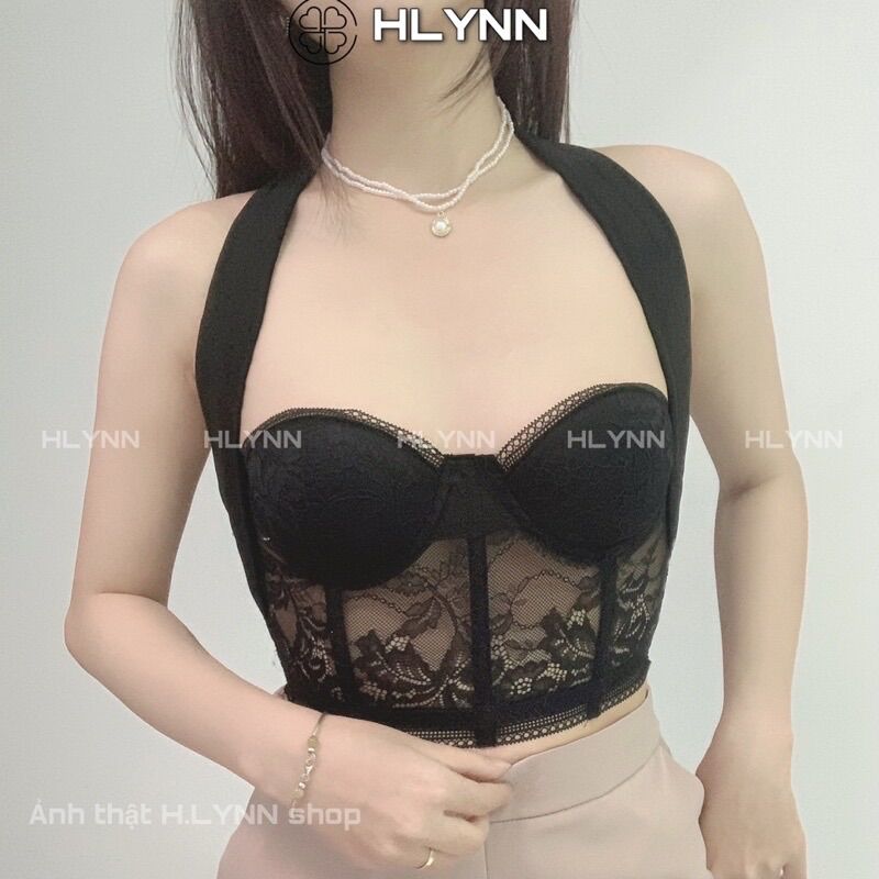 M169 Áo corset ren phối nơ lụa satin mặc 2 kiểu