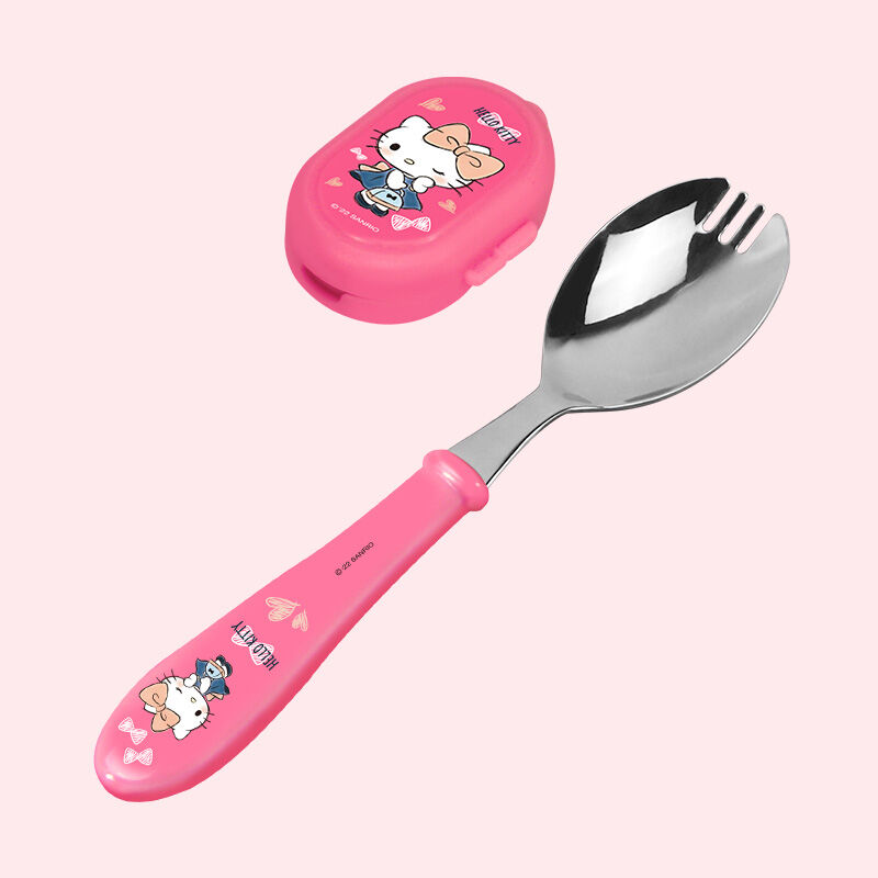South Korea Imported Buckle Hellokitty Child's Spoon and Fork Integrated Spoon 304 Stainless Steel Portable Tableware with Lid