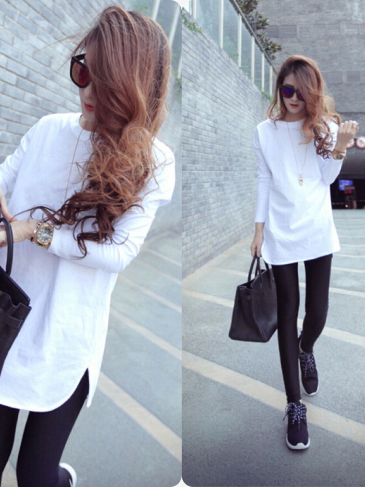Áo Thun Cotton Dài Tay Màu Trắng Cho Nữ Mùa Thu, Áo Lót Cotton Dáng Rộng, Cổ Tròn, Áo Phông Dài Vừa 
