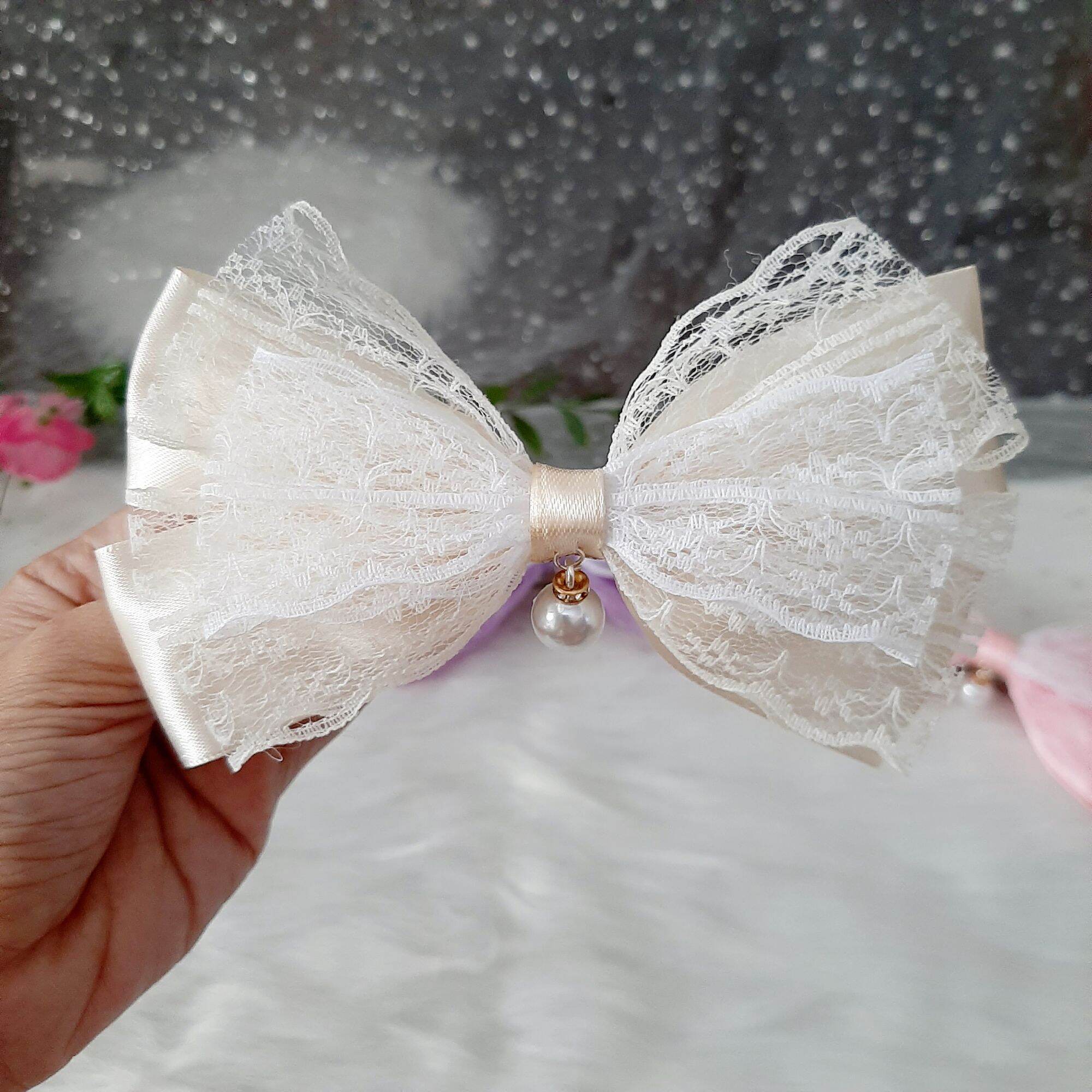 Kẹp tóc nơ lưới đính ngọc (mua 9 tặng 1)