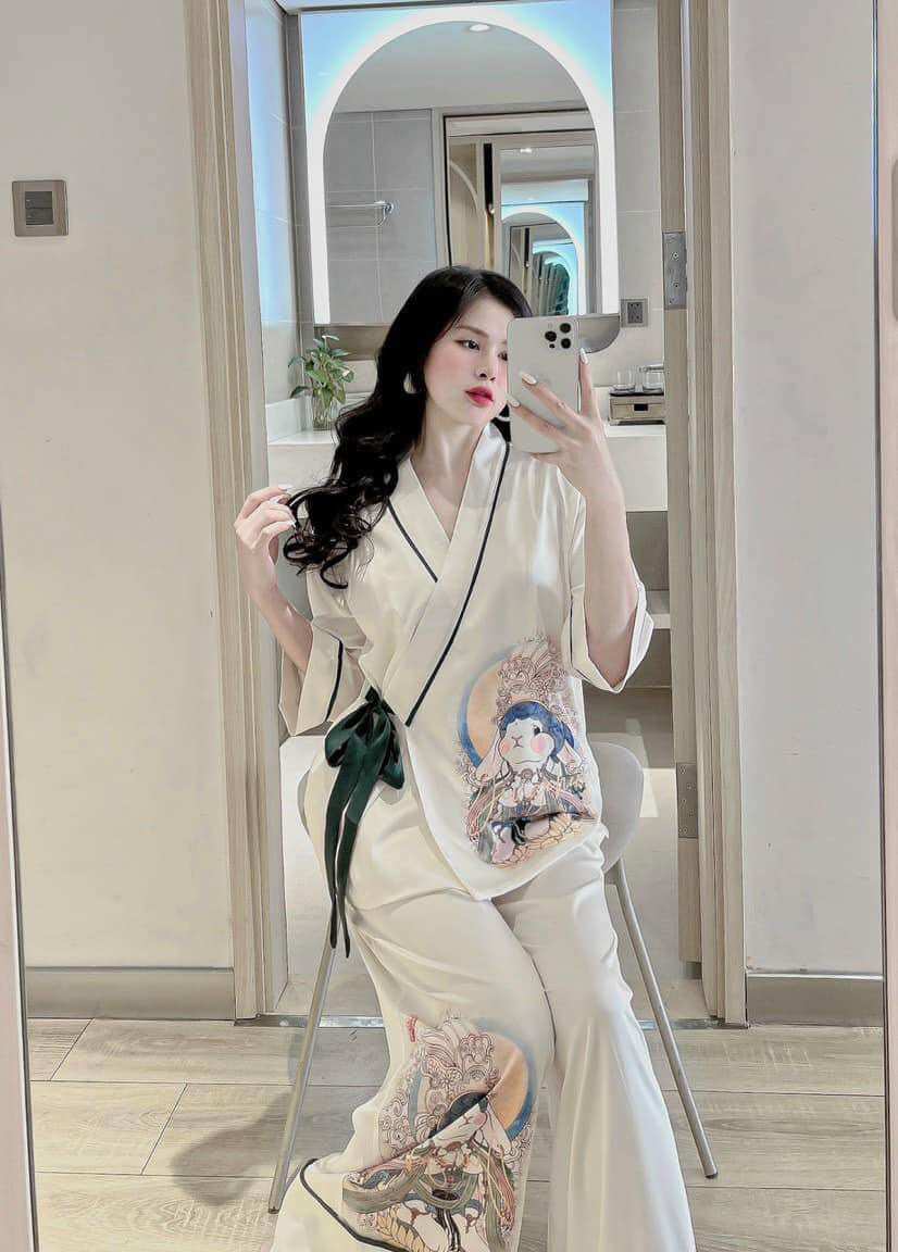 đồ bộ nữ pijama lụa xước kiểu dáng kimono dễ thương