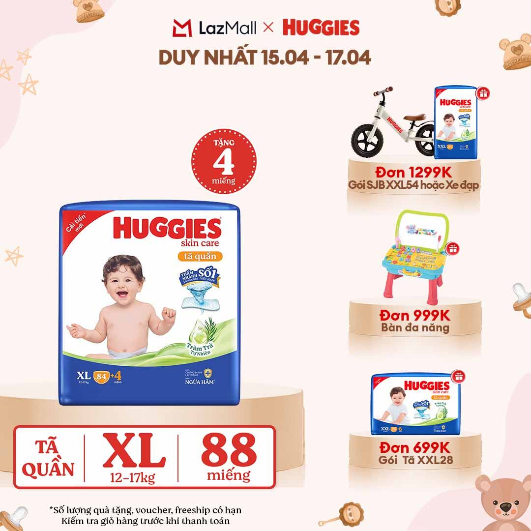 [CHỈ 18-24.04 GIẢM THÊM 90K]  Gói Tã/bỉm quần HUGGIES SKINCARE MEGA JUMBO size XL84+4 miếng