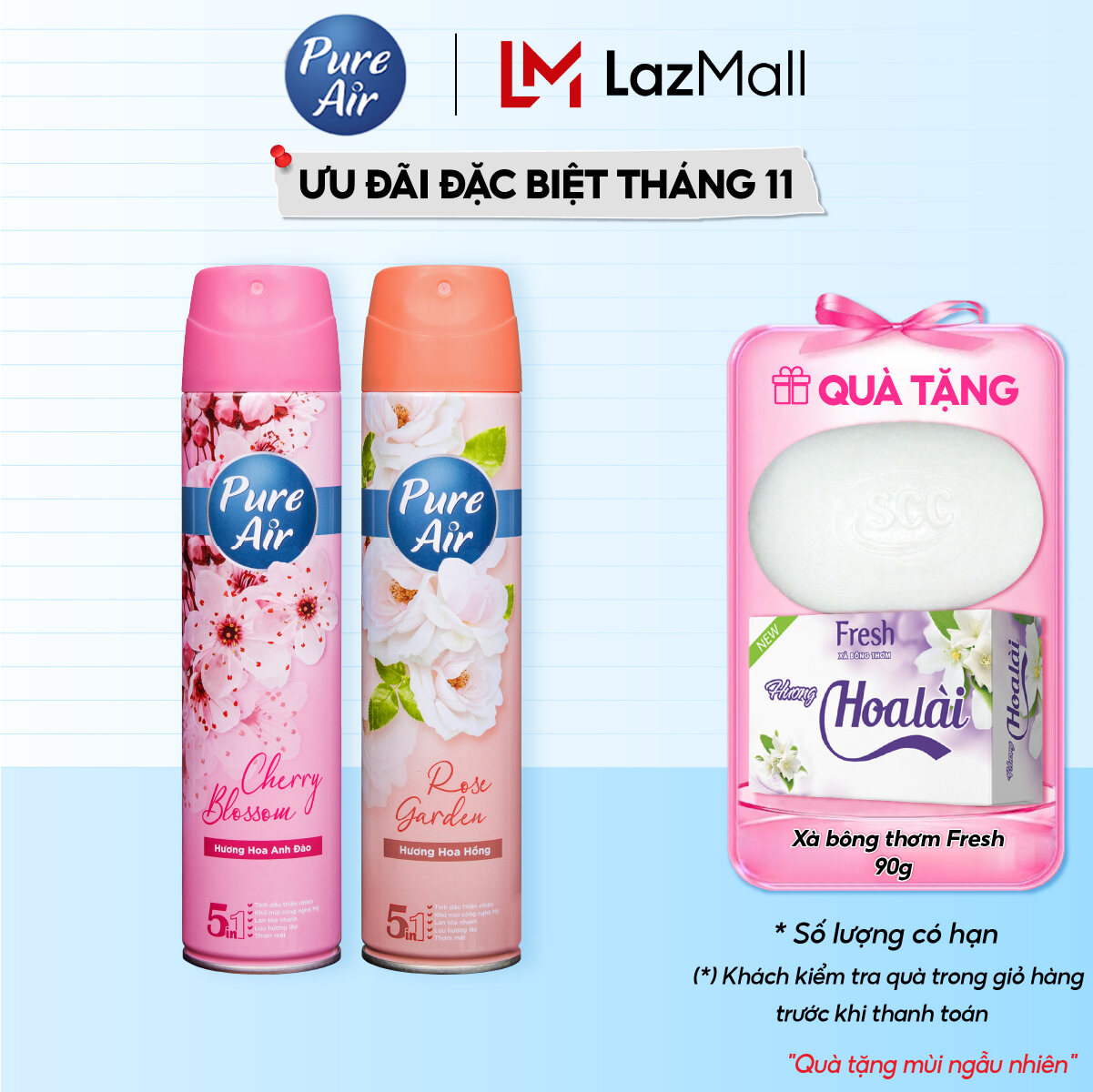 Combo 2 Chai Xịt Phòng Hương Nước Hoa Pure Air Hương Hoa Hồng Hương Anh Đào Hương Cam Chanh Hương Oả