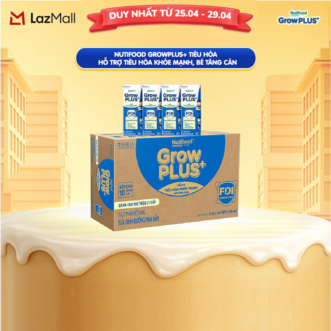 Sữa nước pha sẵn Nutifood Sweden GrowPLUS+ Tiêu Hóa (Xanh Nhạt) 2+ - Hỗ trợ tiêu hóa khỏe mạnh, bé tăng cân (48 hộp x 180ml)