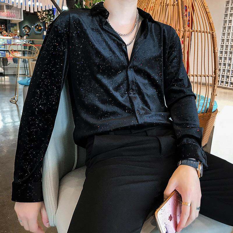 Áo Sơ Mi Chấm Vàng Nhỏ Bảy Màu Nhung Tơ Màu Đen Áo Sơ Mi LẤP LÁNH THU ĐÔNG Sành Điệu Phong Cách Hàn Quốc Tay Dài Cảm Giác Cao Cấp Nam Đẹp Trai