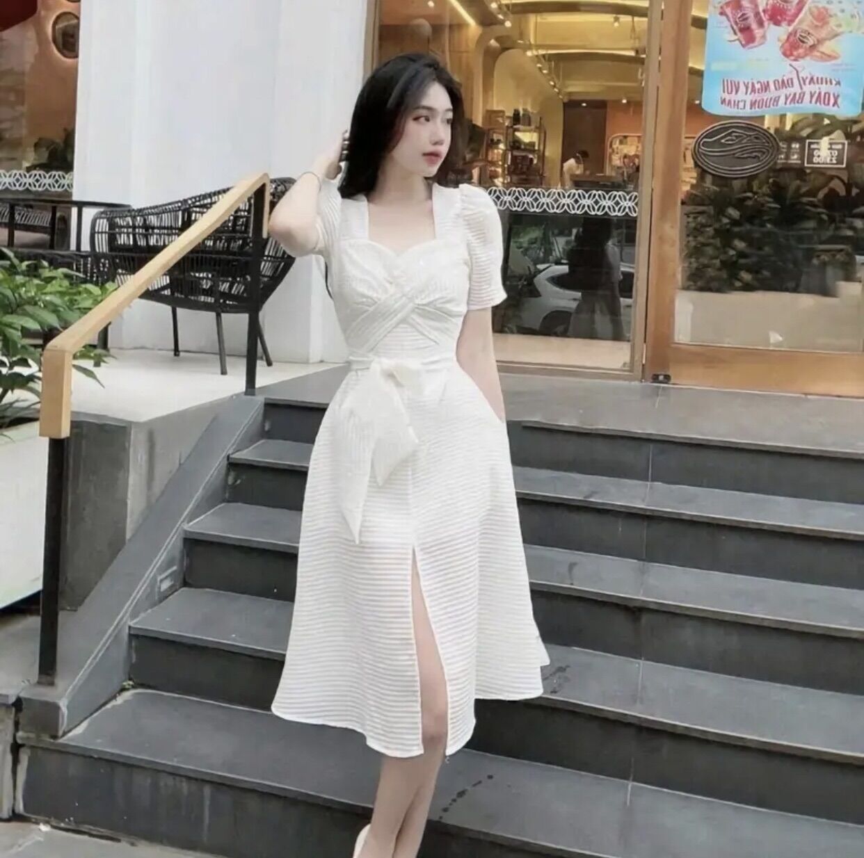 Đầm tiểu thư dáng dài xẻ tà buộc nơ xoắn eo siêu xinh