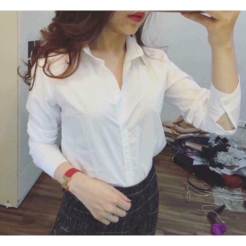 Áo sơ mi nữ Uniqlo trắng basic hàng đẹp cộc, dài tay