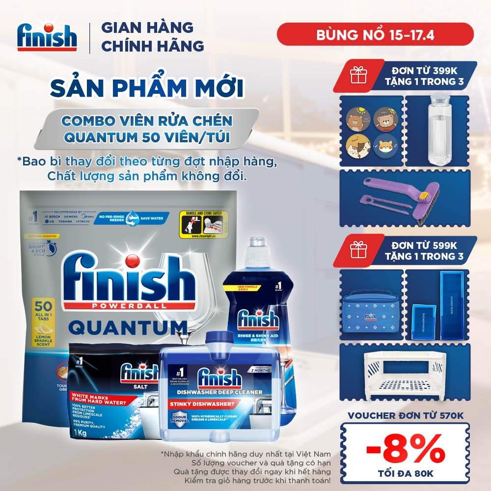 Combo Finish: Viên Rửa Chén Bát Finish Powerball Quantum 50 viên + Nước Làm Bóng 500ml + Muối Rửa Chén Bát 1kg + Dung dịch vệ sinh máy