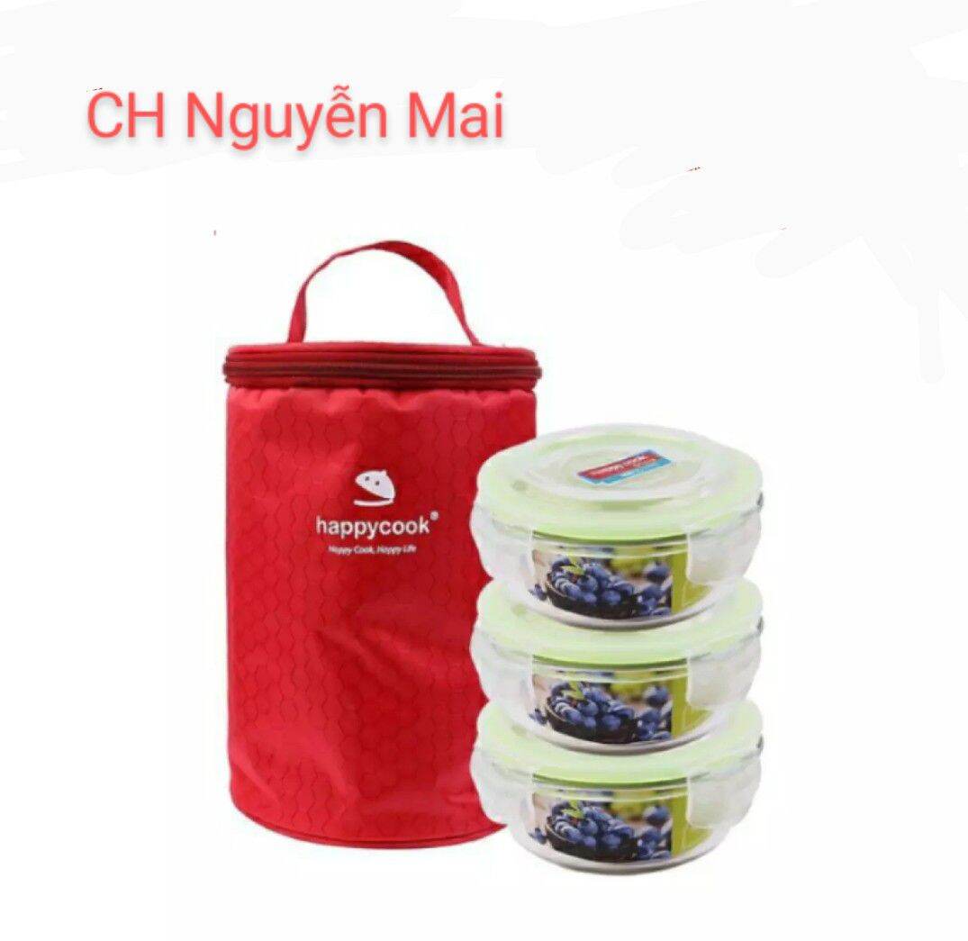Qt anlene - bộ 3 hộp thủy tinh tròn happy cook 400ml + kèm túi giữ nhiệt hcg-03ce
