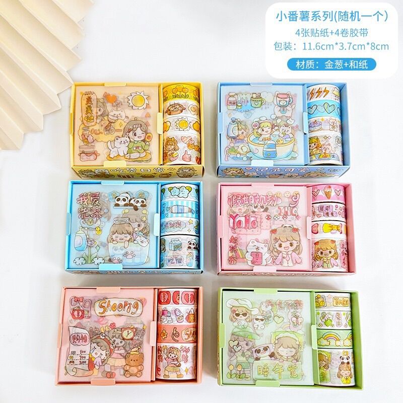 Hộp 4 tấm sticker và 4 cuộn washi