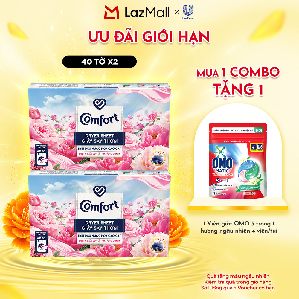 Combo 2 Hộp Giấy Thơm Comfort Hương Mẫu Đơn Và Hoa Hồng Ohara 40 tờ/hộp, Dành Cho Máy Sấy Quần Áo, Tủ Quần Áo
