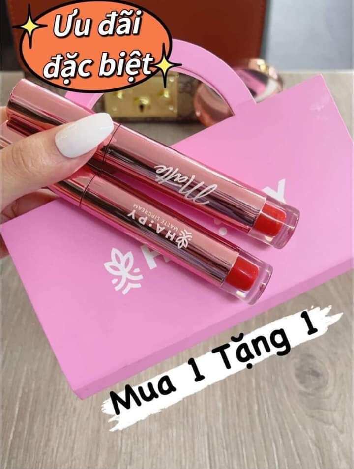 Son môi Hapy siêu lì , siêu u đãi khi mua 1cây tặng 1 cây chắc son làm miềm môi không làm khô môi,