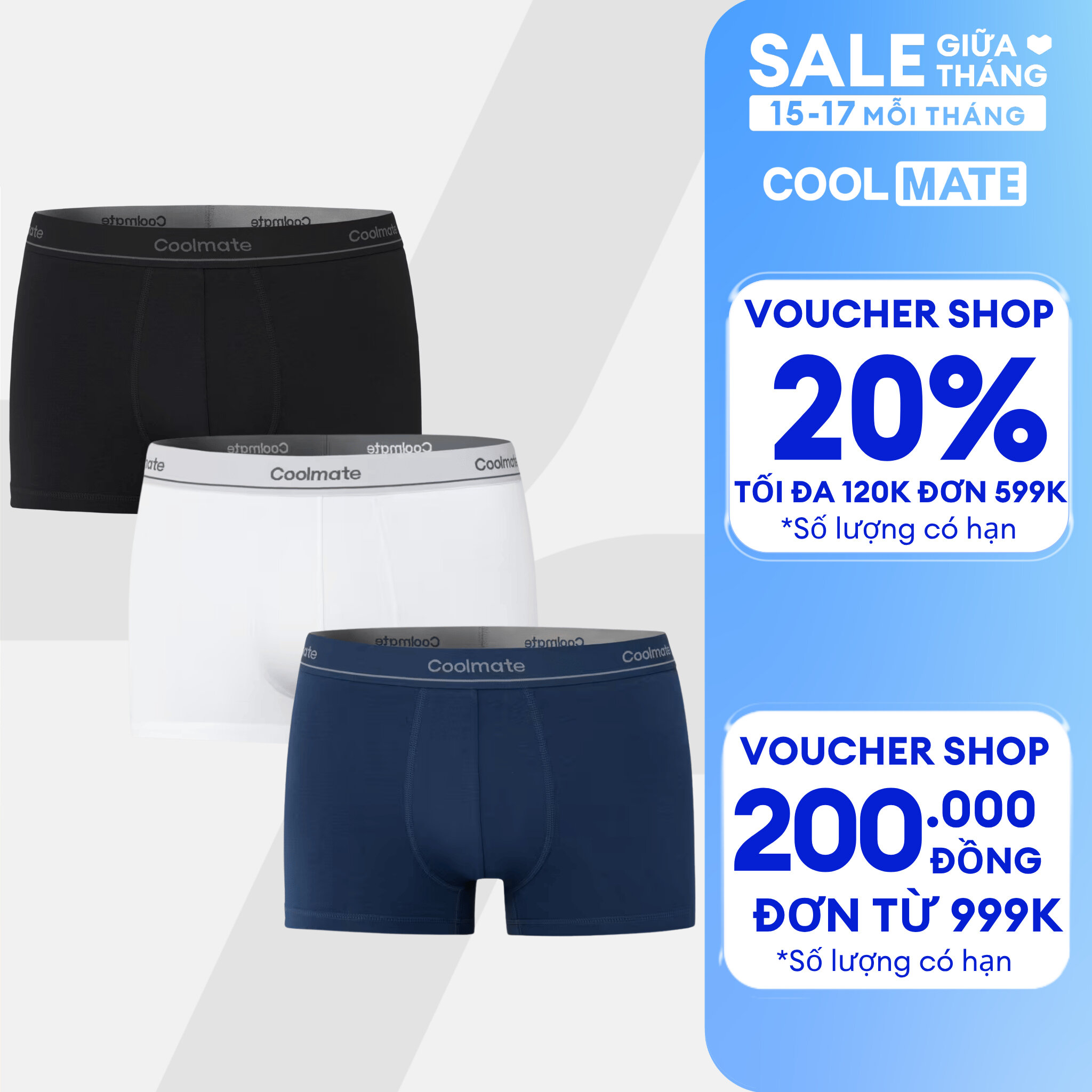 Combo 3 Quần Lót Trunk Cotton Stretch vải mềm mịn, thấm hút, thoáng khi cạp dệt logo Coolmate