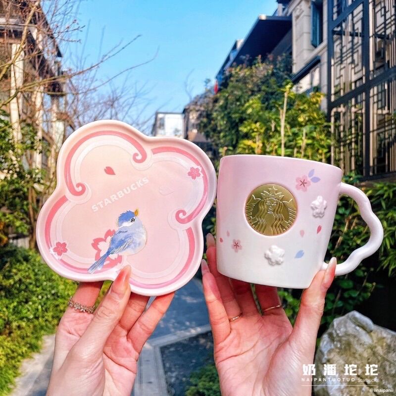 Bộ cốc sứ Starbucks hoa anh đào chim yến 370ml kèm đế gốm