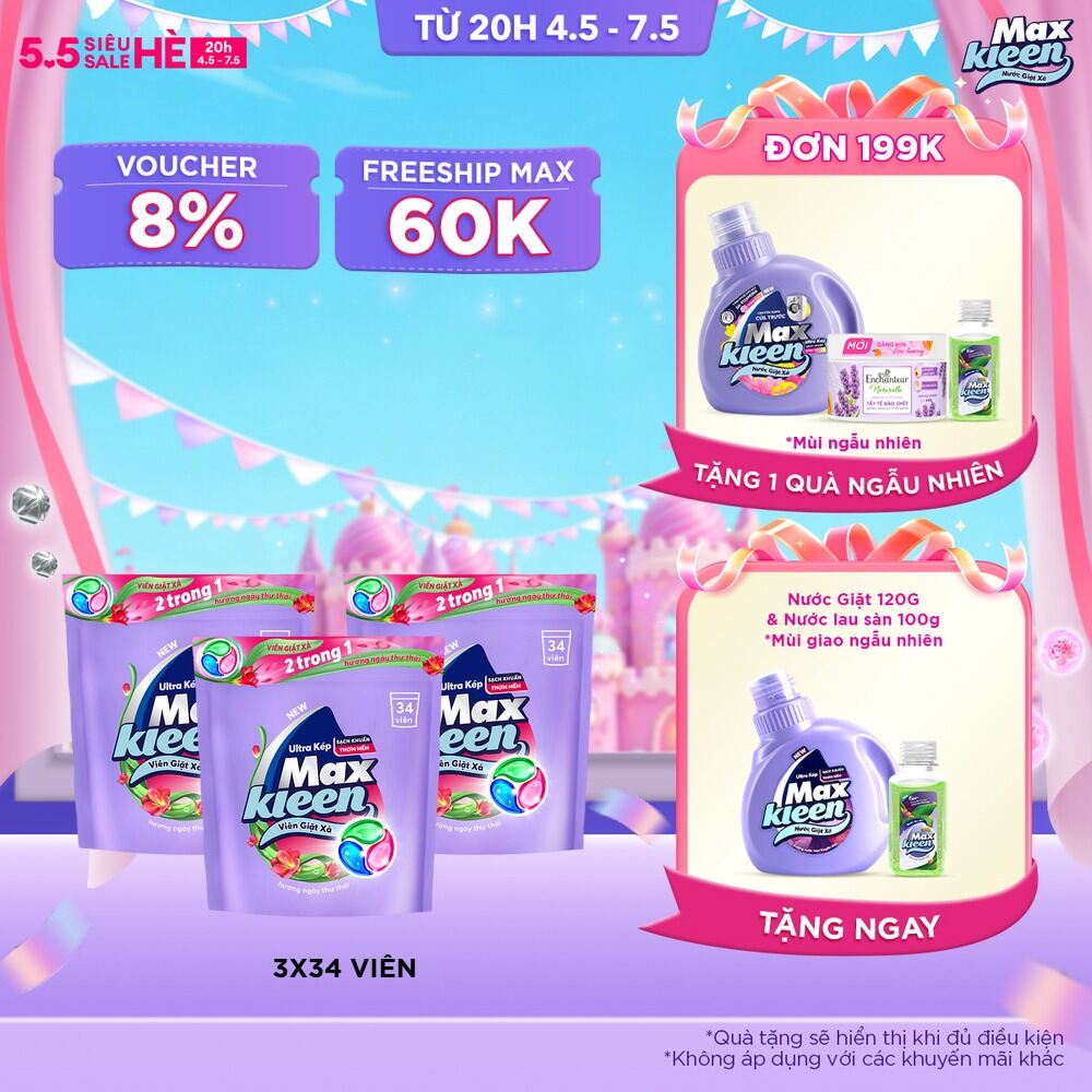 Combo 3 Túi Viên Giặt Xả MaxKleen Hương Huyền Diệu (34 viên/túi)