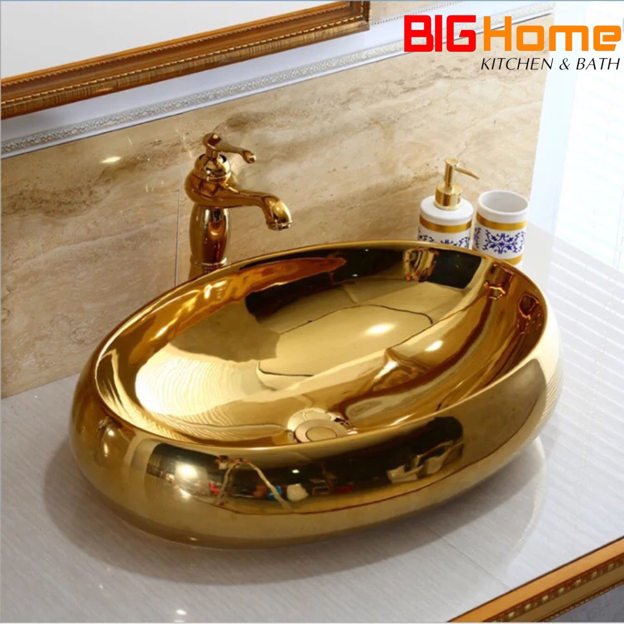 Chậu Elip mạ vàng, chậu lavabo mạ vàng tròn cao cấp nhập khẩu