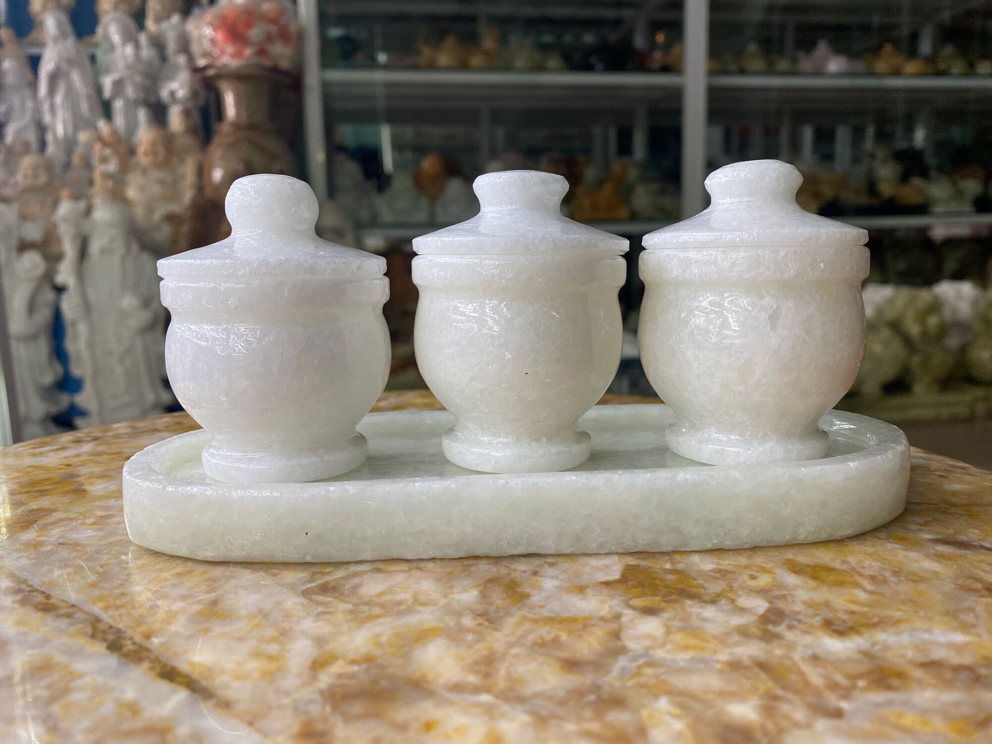 Bộ khay 3 ly đá cẩm thạch trắng