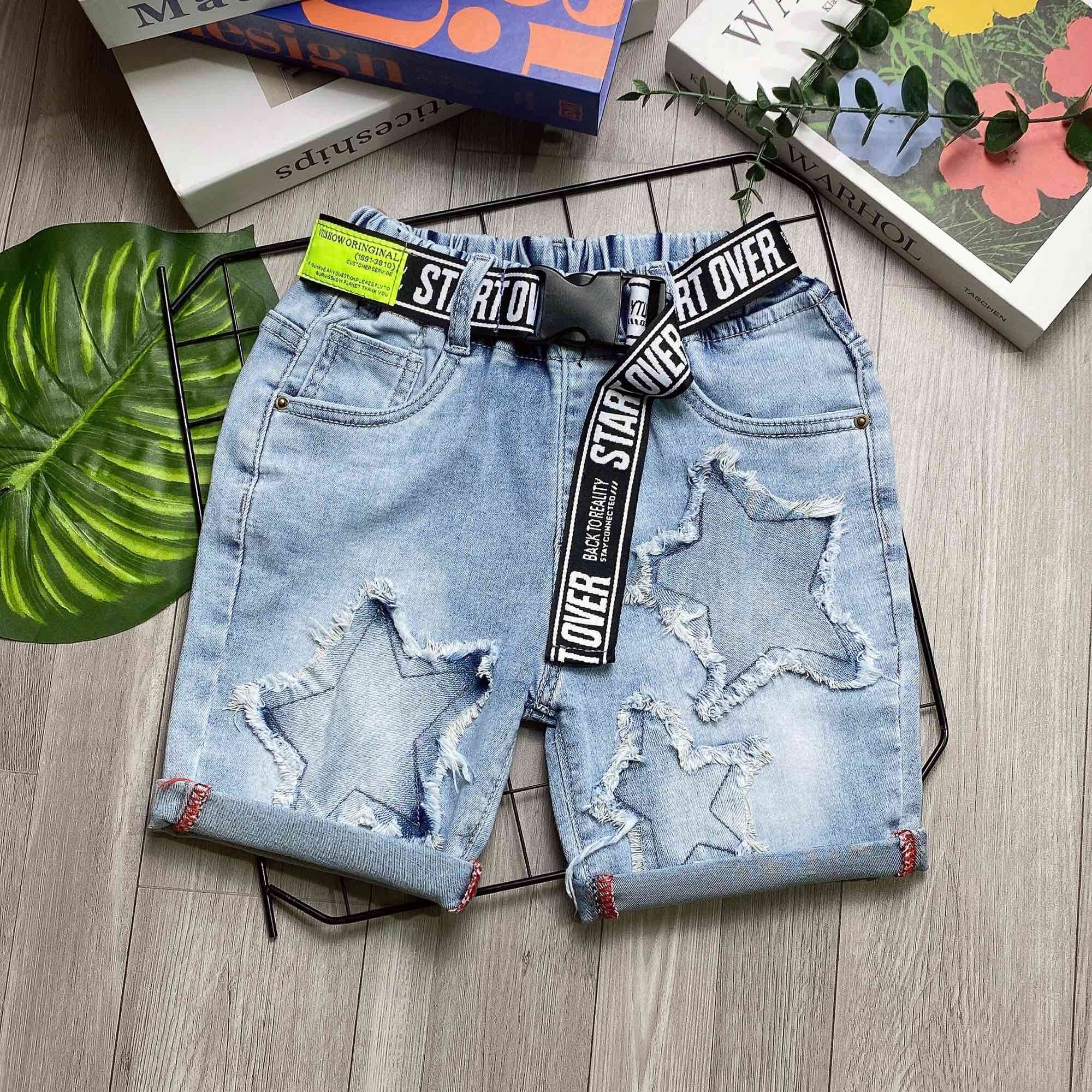 Quần jeans lửng quần jean ngố cho bé trai đắp vá ngôi sao từ 12-40kg.
