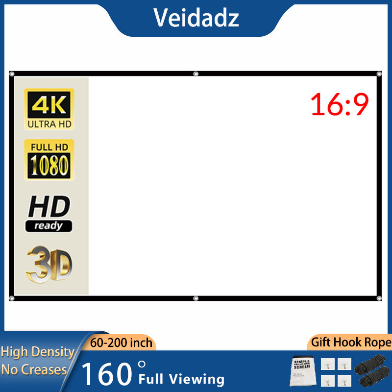 Veidadz màn hình chiếu di động 60-200inch mật độ cao màu trắng mờ chống nhăn 16:9 tỷ lệ quan điểm 2 mặt có thể gập lại cho phim ngoài trời