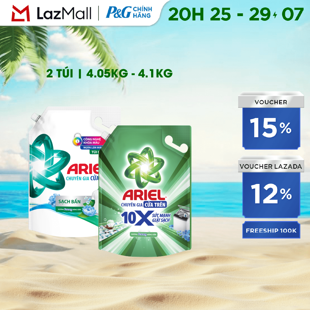 Combo 2 Nước Giặt Cửa Trên ARIEL Ngăn Lem Màu, Quần Áo Siêu Thơm Hương Sạch Sâu Nắng Mai Túi 4.1KG