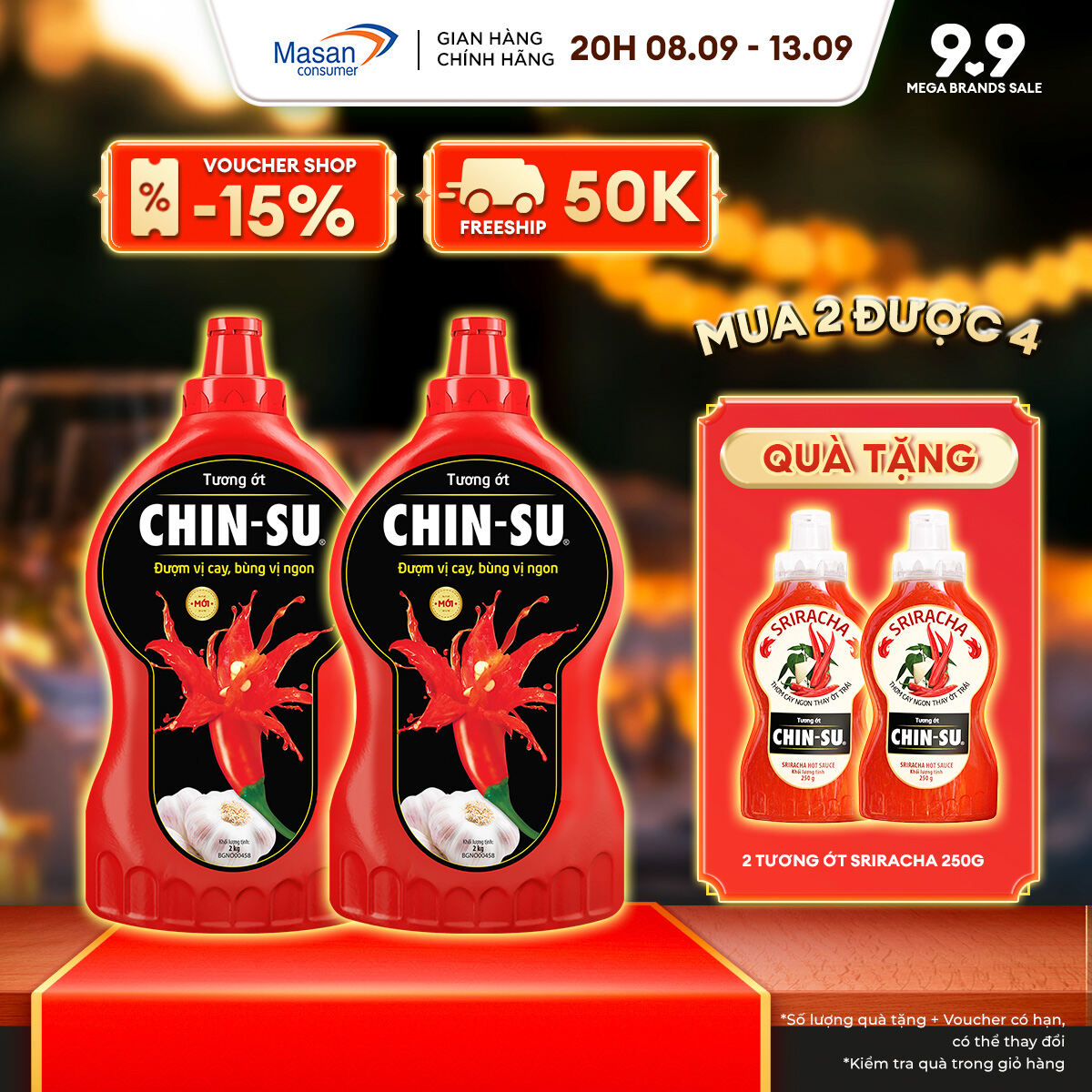 CHỈ TRONG 20H 08.09 13.09 VOUCHER 17 CHO ĐƠN 199K Combo 2 Tương Ớt CHINSU 2KG