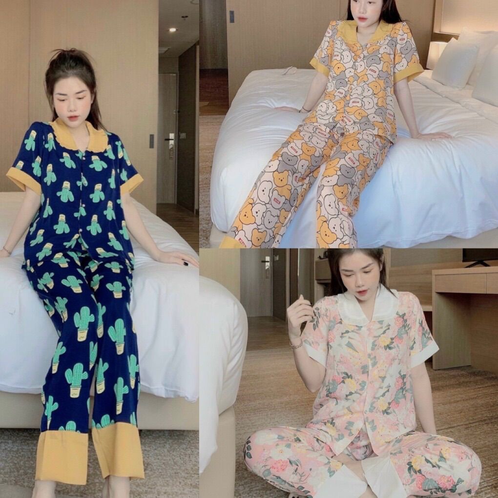 Đồ bộ mặc nhà tay ngắn quần dài cổ bèo - đồ ngủ pijama mặc nhà nữ xinh