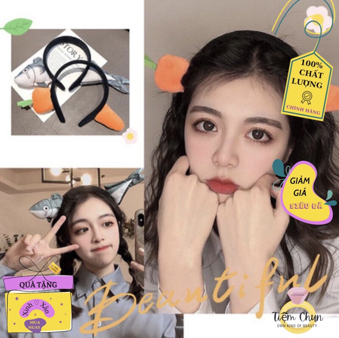 Bờm cài tóc cà rốt, Bờm cài tóc cá cute - Tiệm Chun