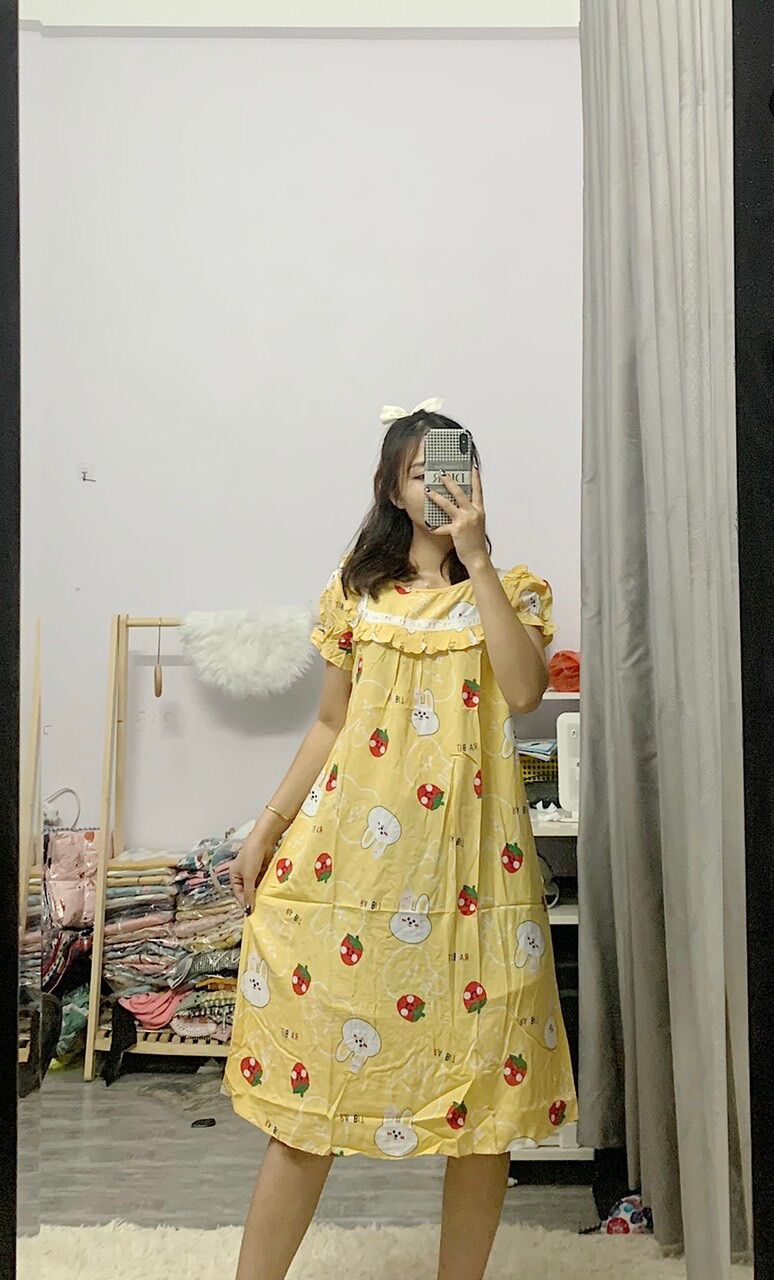 Đầm bầu lanh mặc nhà có tay siêu mát