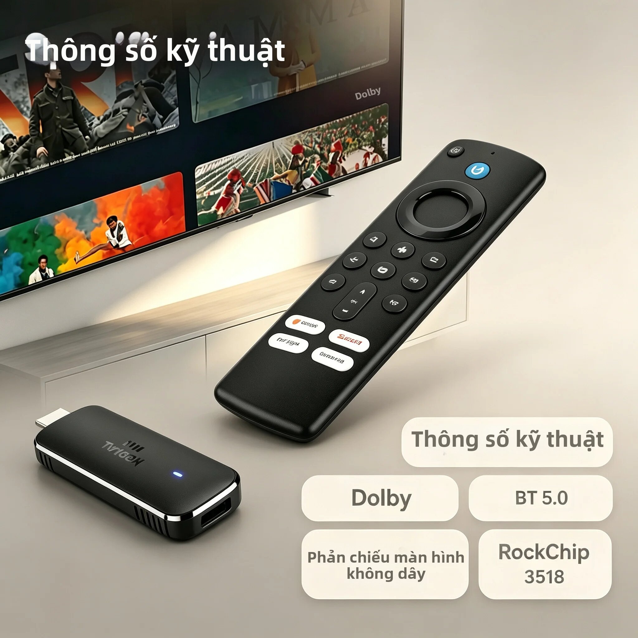 Thiết Bị Phát Đa Phương Tiện Thông Minh Không Dây 4K Ultra HD Android 14 TV Stick 1080P Q8 Hỗ Trợ Điều Khiển Bằng Giọng Nói Google, WiFi 6, BT5.0, Dành Cho Netflix, YouTube