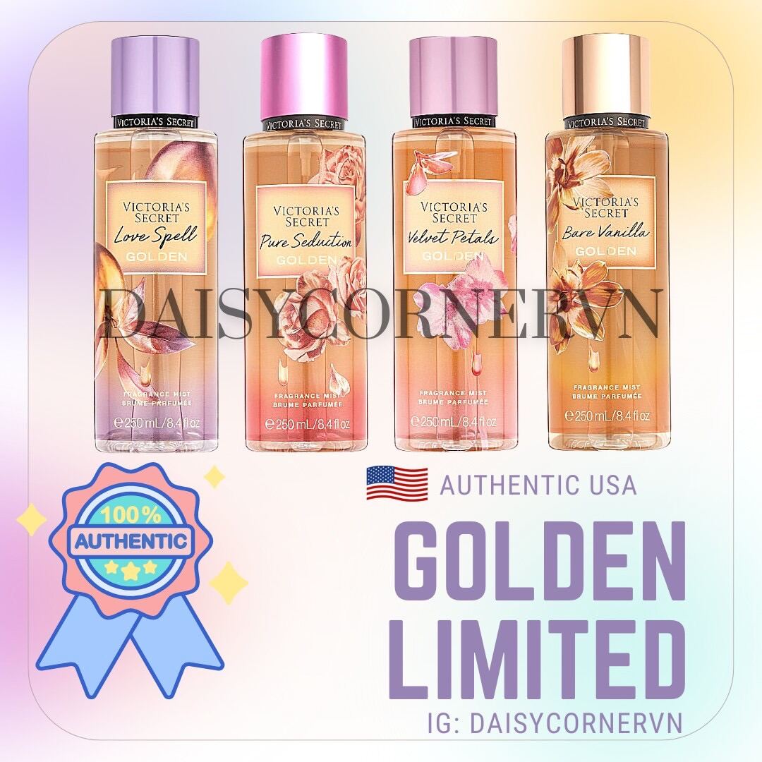 [Bill Mỹ] Golden Limited Edition - Xịt thơm toàn thân Body Mist Victoria’s Secret - Love Spell Golden - Pure Seduction Golden - Velvet Petals Golden - Bare Vanilla Golden