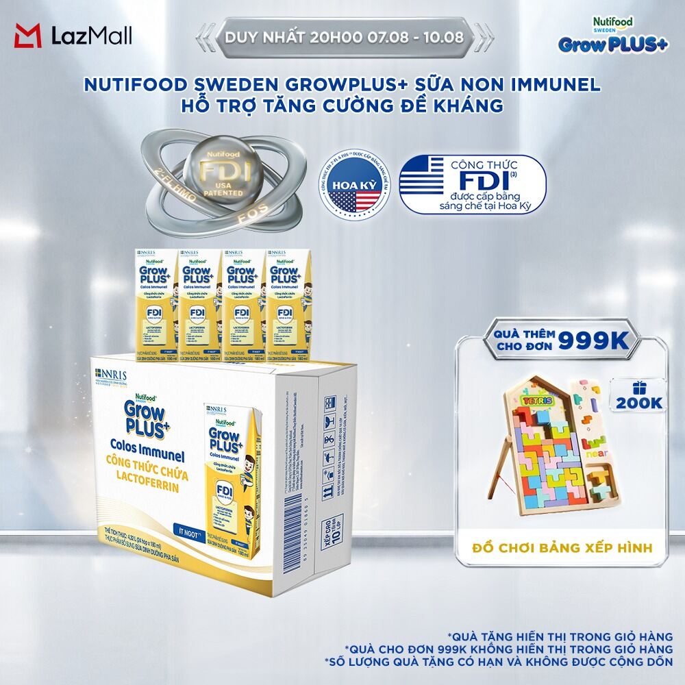 Thùng 24 Hộp Sữa Bột Pha Sẵn Nutifood Sweden GrowPLUS+ Sữa Non Immunel hộp 180 ml (Bao bì tuỳ lô hàng)