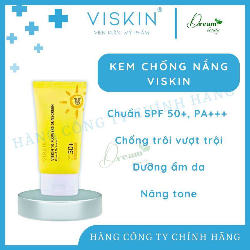 Kem chống nắng VISKIN chống trôi nước, cấp ẩm cho da, nâng tone, sử dụng cho mọi loại da, tuýp 50gr, DREAM BEAUTY, KCN2