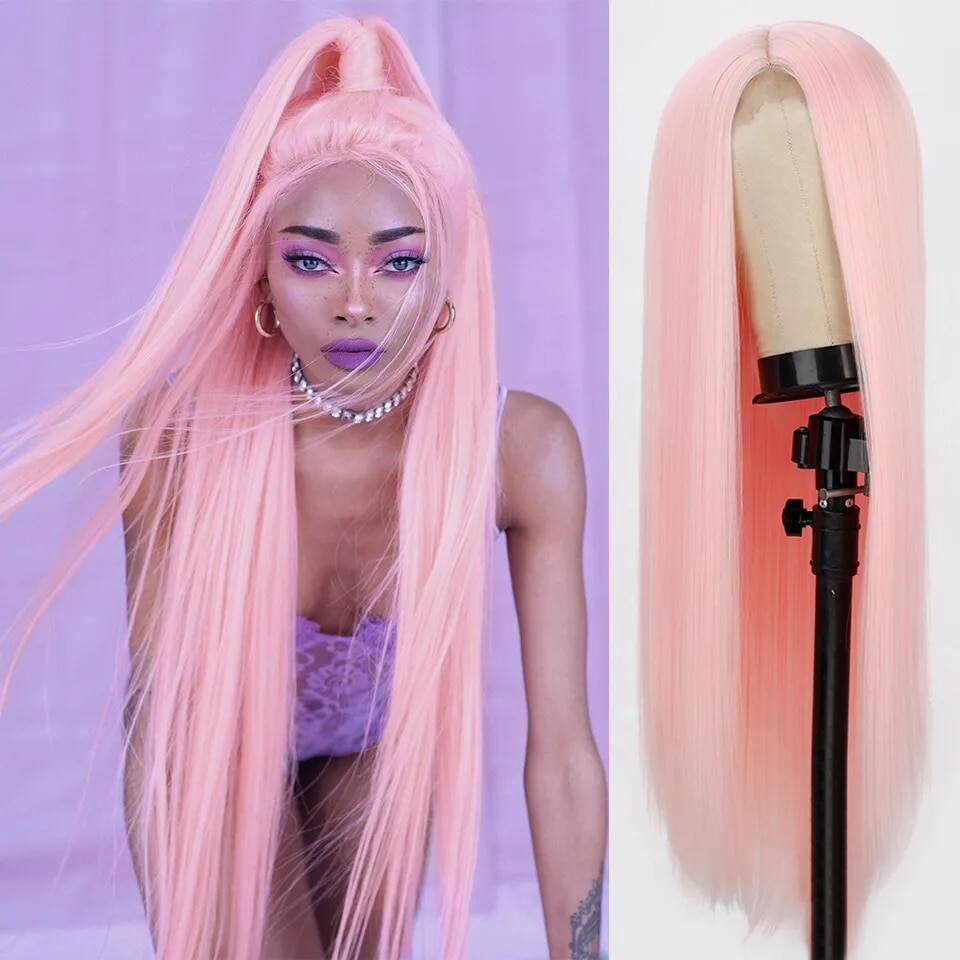 I's một bộ tóc giả tóc giả tổng hợp dài thẳng màu hồng cosplay tóc giả cho phụ nữ tóc vàng đen đỏ cam phần giữa phụ nữ tóc giả