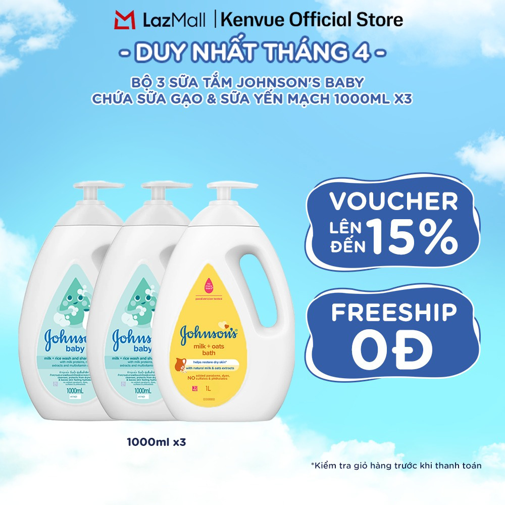 Combo 3 Sữa tắm Johnson's Baby Chứa Sữa Gạo  Yến Mạch - Dung tích 1000ml/chai