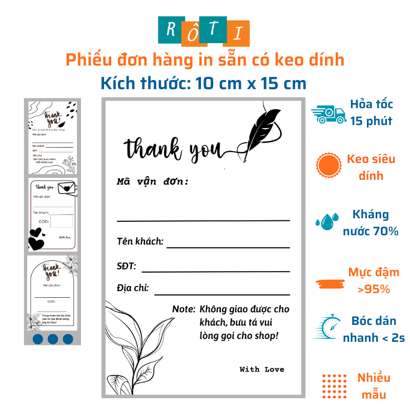 Set 50 phiếu giao hàng Tem ghi mã vận đơn Nhãn vận chuyển Hóa đơn bán hàng Decal in sẵn keo dán