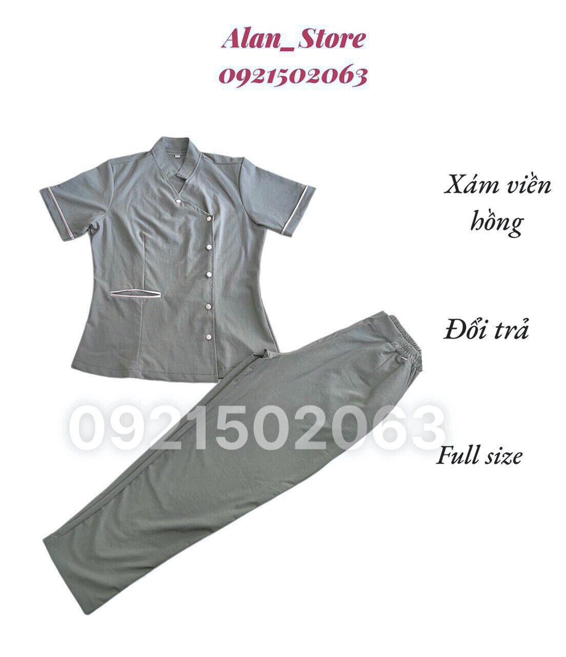 Đồng phục spa màu xám viền hồng vải ít nhăn