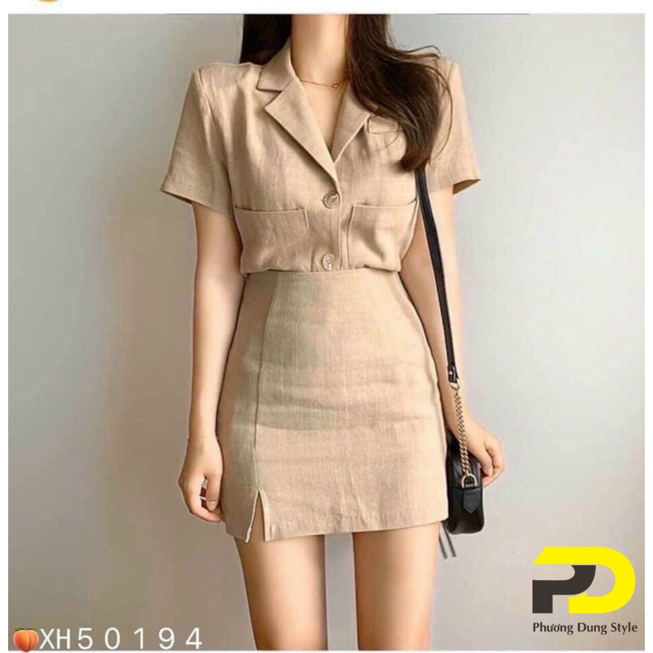 Sét áo cổ vest kèm chân váy xẻ chất đũi xước free size dưới 55kg