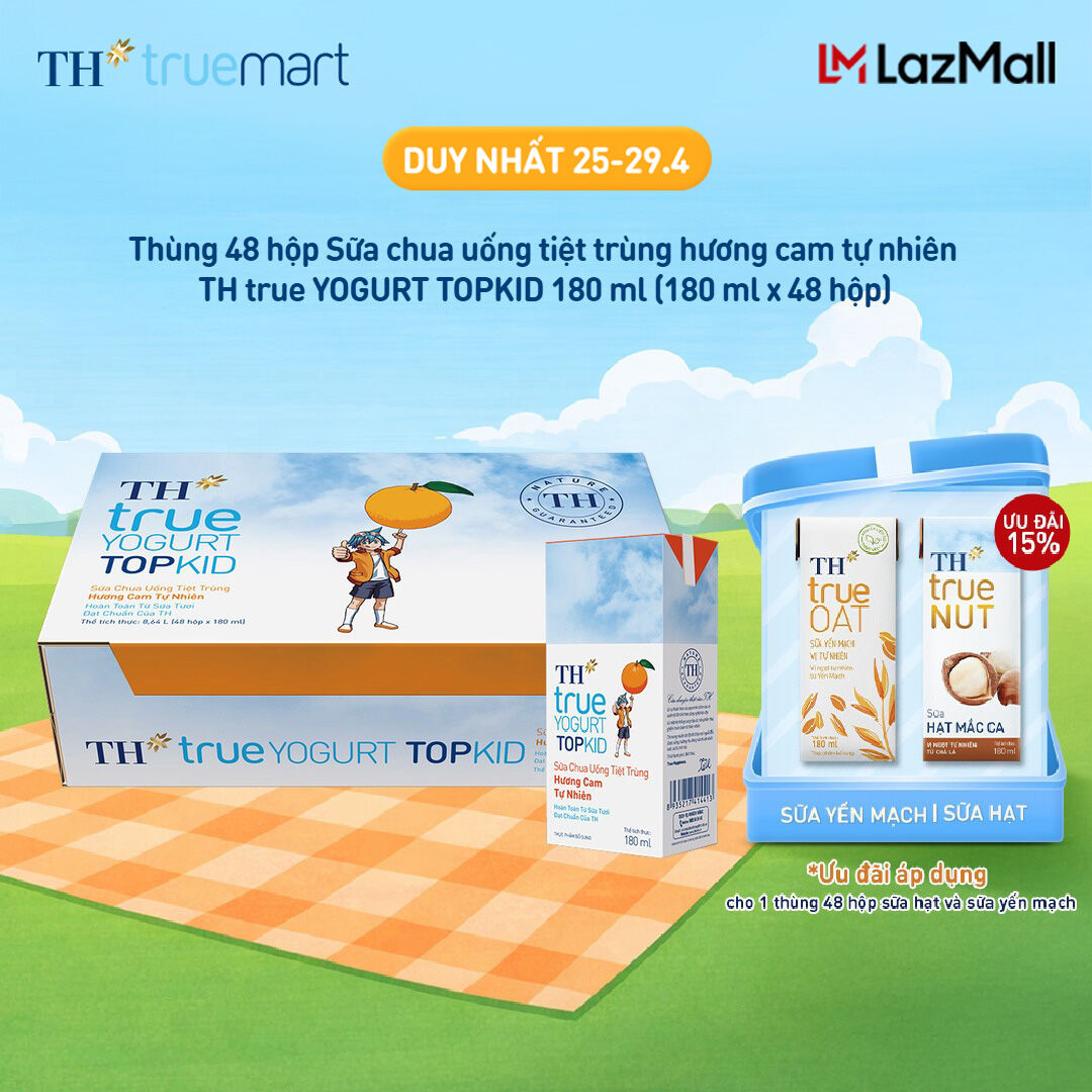 Thùng 48 hộp sữa chua uống tiệt trùng TH true YOGURT TOPKID hương cam tự nhiên 180 ml (180 ml x 48)