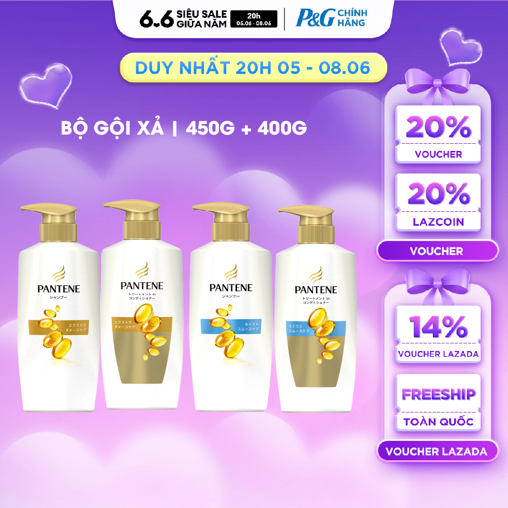 Combo Dầu Gội PANTENE Pro-Vitamin Phục Hồi Hư Tổn/ Dưỡng Mềm Mượt Chai 450ML + Dầu Xả PANTENE Pro-Vitamin Phục Hồi Hư Tổn/ Dưỡng Mềm Mượt Chai 400ML