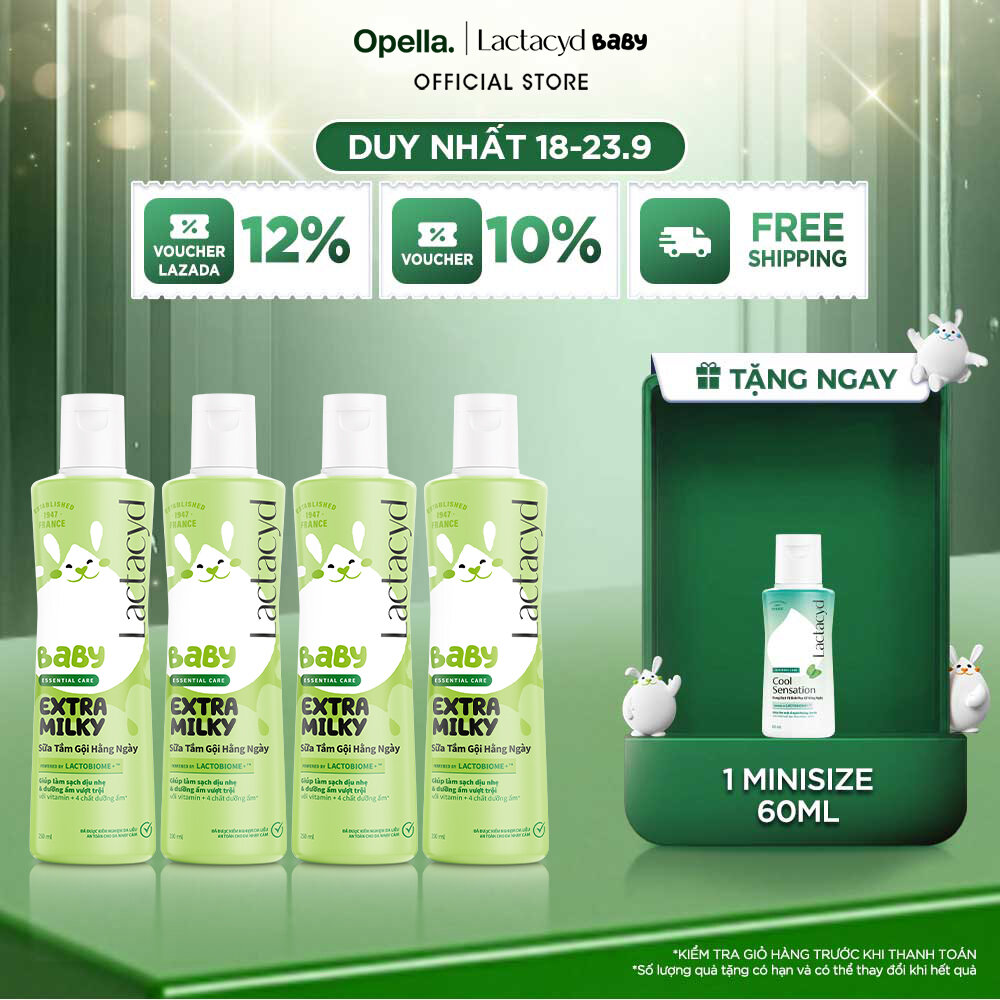 Bộ 4 chai Sữa Tắm Gội Trẻ Em Lactacyd Baby Extra Milky Làm Sạch Dịu Nhẹ và Dưỡng Ẩm Vượt Trội 250ml/chai