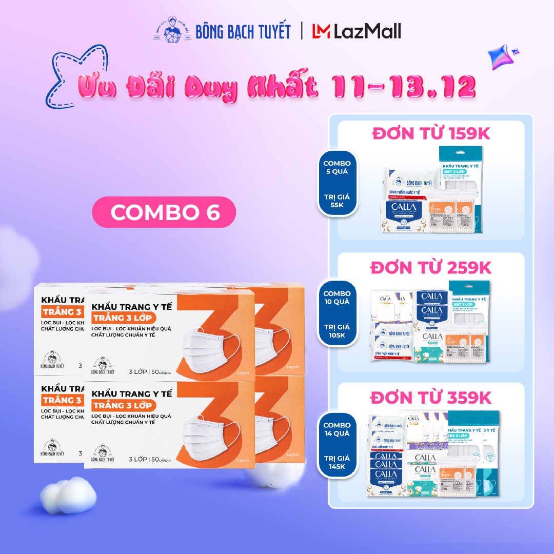  Combo 6 Khẩu trang Bông Bạch Tuyết 3 lớp trắng  50 cái hộp  