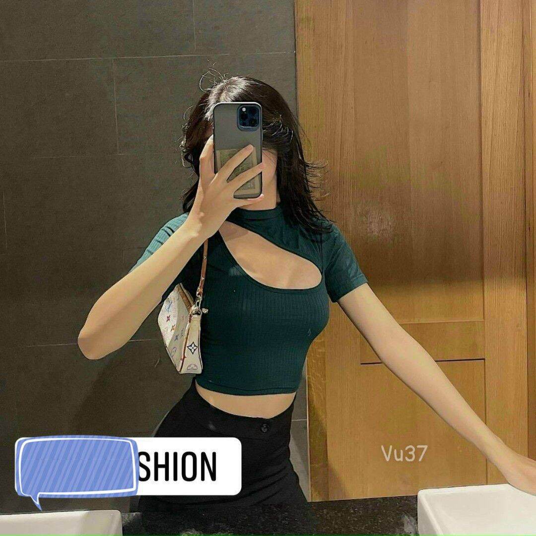 ÁO Thun Gân Khoét Ngực Croptop