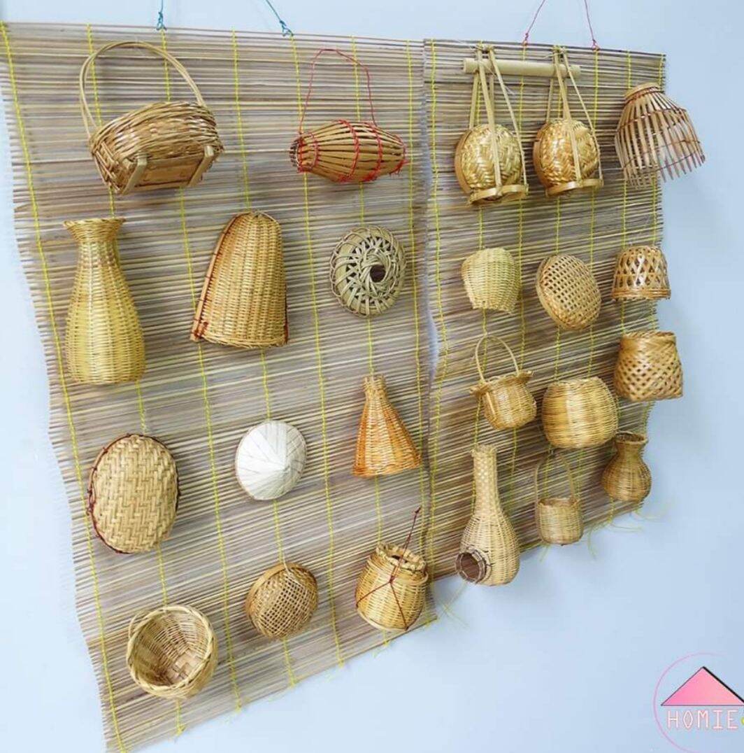 Mành tre gắn 12 món mây tre đan trang trí lh 0978945425