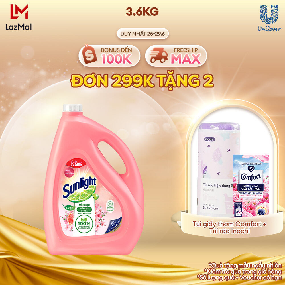Nước Rửa Chén Bát Sunlight Mềm Dịu Da Tay Hương Bưởi & Hoa Anh Đào thành phần làm sạch 100% từ gốc thực vật 3.6kg