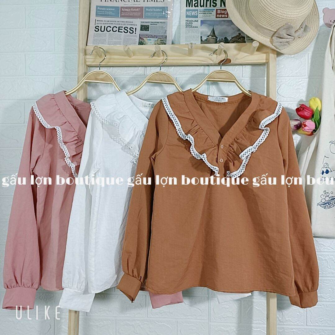 áo kiểu cổ v phối bèo tiểu thư ảnh thật